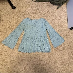 Green Ruffled Peplum Blouse with Bell Sleeves